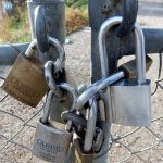 Picture of multiple locks on a chain holding a gate.